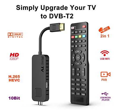 Dcolor Decoder DVB-T2 Ricevitore Digitale Terrestre HDMI TV Stick, Dolby Audio HD 1080P H265 HEVC Main 10 Bit, Supporto USB WiFi / Multimedia / PVR [Include 2in1 telecomando universale]