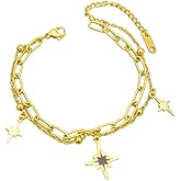 Lucky Star Bracelet for Women 18k Gold-Tone Plated Stainless Steel Minimalist Layered Star Charm Paperclip Link Adjustable Chain Bangle Dainty Stackable Jewelry for Summer Party for Her