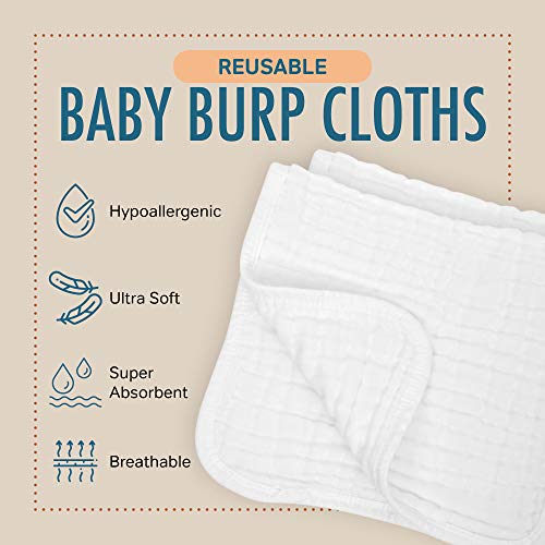 AllSett Health 8 Pack Muslin Burp Cloths Large 20" by 10" 100% Cotton, Hand Wash Cloth 6 Layers Extra Absorbent and Soft