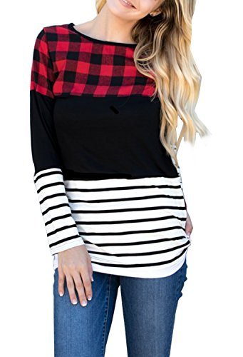 Merryfun Women's Color Block Plaid Tunic Tops Striped Long Sleeve Casual Thick Shirt Blouse