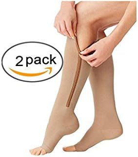 2 Pairs Compression Socks Men/Women Open Toe Leg Support Stocking Knee High Socks with Zipper 15-20 mmHg