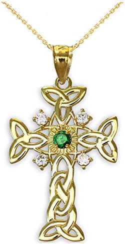 14k Yellow Gold Trinity Knot Diamond Celtic Cross Pendant Necklace with Genuine Emerald, 20"
