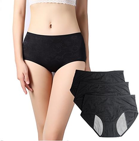 Floral Menstrual Period Sanitary Leakproof Brief &amp; Postpartum Easy Clean Bleeding Protective Panties-3 Pack (Black, L)
