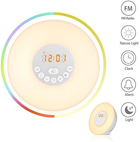 Wake Up Light Alarm Clock Sunrise Simulation Bedside Lamp Sunset Night Light 6 Nature Sounds FM Radio Snooze 7 Colors Light