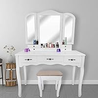 YOUKE Vanity Set, Tri-Folding Necklace Hooked Mirror, 7 Drawers, Makeup Dressing Table Cushioned Stool Easy Assemble(White)