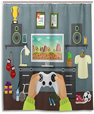 Amazon Com Gamer Shower Curtain Gaming Guy In His Flat With