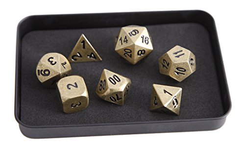 Forged Dice Co. Metal Polyhedral Dice (Set of 7 Polyhedral w/Tin, Ancient Gold w/Black Numbers Set of 7 Polyhedral w/Tin)
