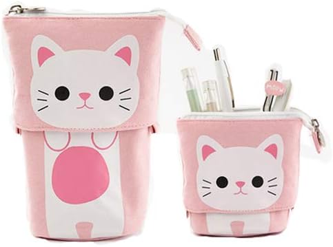Kaxich Stand Pencil Case Holder Canvas Cute Cartoon Cat Pencil Pouch Bag Makeup Bag Stand Stationery Organizer with Zipper Closure