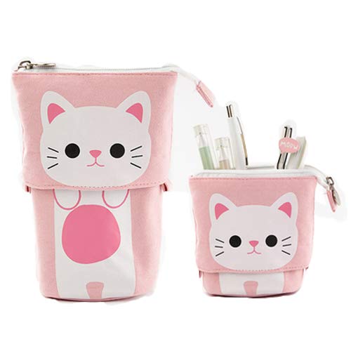 Kaxich Stand Pencil Case Holder Canvas Cute Cartoon Cat Pencil Pouch Bag Makeup Bag Stand Stationery Organizer with Zipper Closure