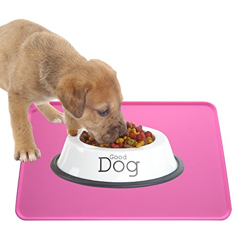 Dog Food Mat,Silicone Pet Feeding Mats,Non Slip Waterproof Cat Bowl Trays Food Container Placemat for Small Animals (18.5"x11.8", Pink)