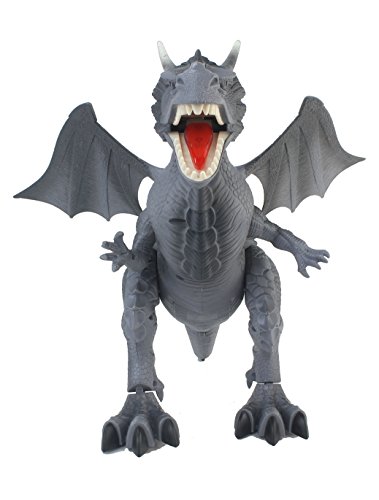 The New World of Dinosaurs Battery Operated Remote Control Toy RC Gray Dragon w/ Lights, Sounds, Walking/Wing/Mouth Action, & Flashlight Remote Control