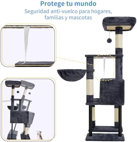 Rascador para Gatos, Árbol para Gatos De 125 Cm, Torre De Gato Espaciosa Y Cómoda con Guarida, Dos Grandes Plataformas, Cesta, Robustos Tubos De Acero, Gris Ahumado HCT200SG-