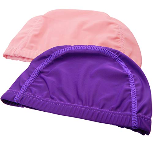 Qualtiy Yes QY 2Pack Superior Polyester Cloth Fabric Bathing Cap Swimming Caps Swimming Hats for Water Sports, Purple & Pink Color - Thumbnail 2