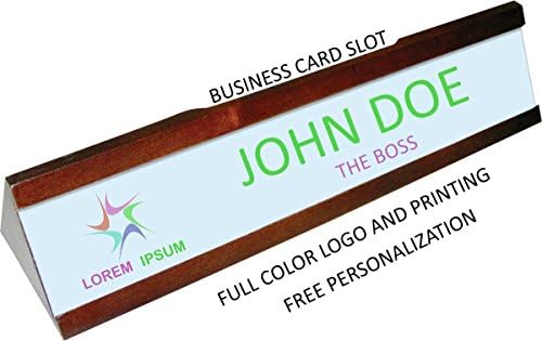 Personalized Mahogany Full Color Desk Plate and Business Card Holder - Add Your Logo/Name/Title
