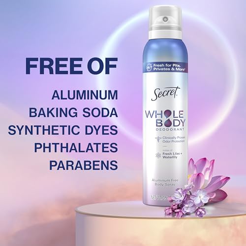 Secret Whole Body Deodorant Spray for Women, Lilac & Waterlily Scent, Aluminum Free Deodorant Spray, 72 HR Odor Protection, 3.5 oz