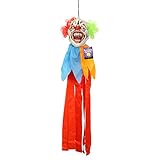 Halloween Haunters 3 Foot Hanging Circus Clown Head with Flashing Red LED Light Up Eyes Prop Decoration - Scary Menacing Ghoul Smile with Neon Red and Green Hair - Fun Entryway Display