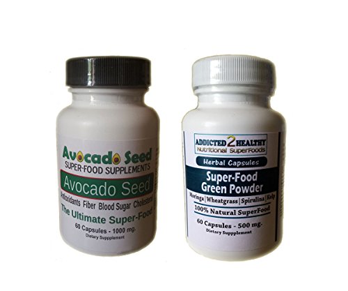 60 Avocado Seed Powder & 60 SuperFood Green Powder Capsules (1000 mg)- Amazing SuperFood Supplement,Top Nutrition,Energy,Lower Blood Sugar+Cholesterol,Prebiotic Fiber, Elimination,Weight Loss + More!