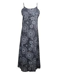 Mogul Womens Cotton Dress Sexy Grey Ethnic Print Strapped Long Dress