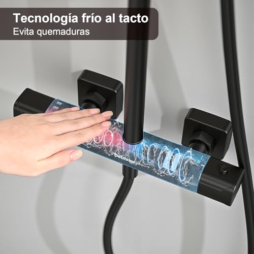 DelnVior Shower System with Thermostat Stainless Steel Square Rain Shower 3 Jet Types Complete Shower Set Adjustable Height with Anti-scald Protection Water Saving
