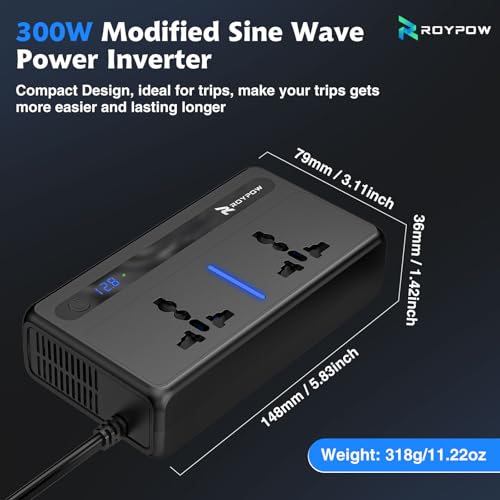 RoyPow 300W Car Power Inverter, DC 12V to 220V AC Power Inverter with Cigarette Lighter Port, Car Plug Adapter Outlet with 3.4A USB-A, QC3.0 24W, PD 30W, PD 36W, Dual AC Outlets (300W)