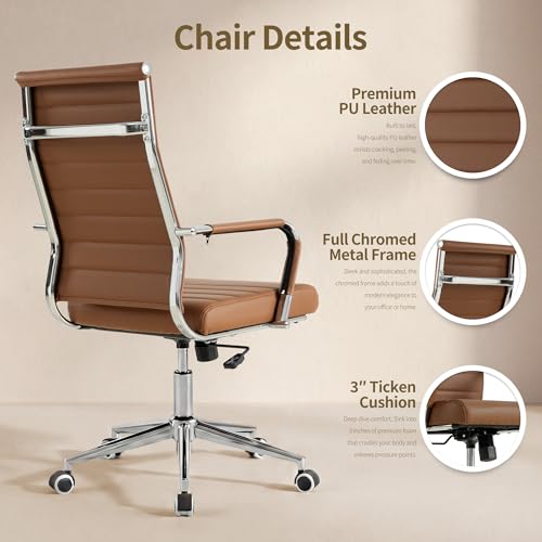 Okeysen Leather Office Desk Chair, Ergonomic Modern Conference Room Chairs with Wheels 360 Swivel, Executive Ribbed Height Adjustable Chair for Home Office.(Brown)