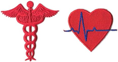 EKG Heart - Caduceus Medical Emblem - Embroidered Iron On Applique Patch - Red DIY Article of Clothing