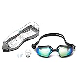 Rullaco Swimming Goggles Anti Fog - Junior Water Glasses Mirrored UV Protection Tinted Lenses for Water Sports - Free Case, Ear plugs, Nose Clip Accessories - Open Water Swim Equipment for Women Men