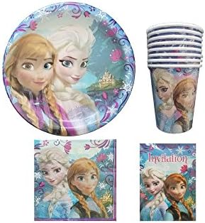 Disney Frozen Anna &amp; Elsa Girls Birthday Celebration Party Supply Bundle! Party Supplies Include Dinner Plates, Napkins, Cups and Invitations with Envelopes for 8 Guests.