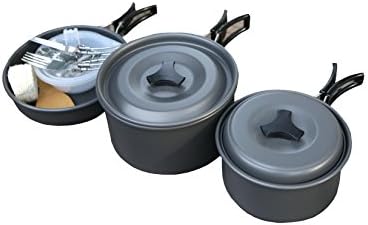 OUTER FUN Camping Cookware Set(14 Pcs with foldable knife and fork),Mess Kit for Picnic,Lightweight Backpacking Cooking Equipment