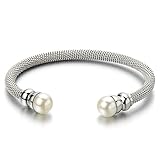 Classic Ladies Stainless Steel Twisted Cable Bangle Bracelet with Synthetic White Pearl