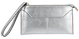 YALUXE Women's Large Genuine Leather Zipper Pocket Purse Clutch Wallet with Wrist Strap Fit Iphone6s Plus Silver-Tone