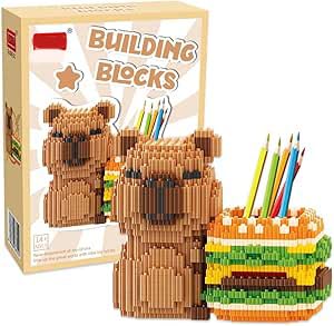 Capybara Building Blocks Pen Holder - Diy Desk Organiser With Cute Hamburger Capybara Shape, Animal Pen Pot & Desk Tidy For School Office,Creative Toys For Adults & Kids,Unique Collectible Gift