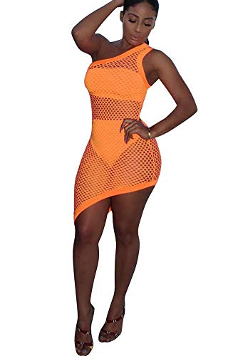 Kafiloe 3 Pieces Swimwear for Women Bandeau Top + Bikini Bottom + Mesh See Through Cover Up Dress Orange 3XL