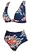 COCOSHIP Red Pink & Navy Blue Antigua Flower Retro High Waist Bikini Set Deep V-Neckline Top Concise Bathing Suit Swimwear 10(FBA)