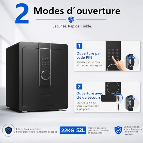 22KG Lourd Coffre Fort en Acier, 52L Coffre-fort Électronique avec Digitale Code et Clé, pour Maison et Bureau, Idéal pour Bijoux, Argent et Documents A4, Notice en Français (Noir,52L)