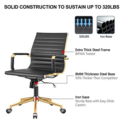 LUXMOD Gold Office Chair in Black Leather, Mid Back Office Chair with