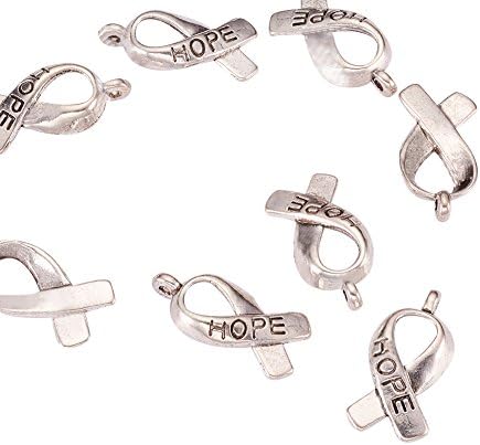 1000pcs Breast Cancer Awareness Ribbon Carved Word Hope Tibetan Silver Message Pendants, Silver, Lead Free &amp; Cadmium Free &amp; Nickel Free; 18x7.5x3mm, Hole: 1.5mm