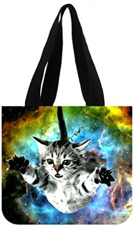 JIUDUIDODO Custom Cotton Canvas Funny Cat &amp; Galaxy Space Tote Bag Casual Bags Shopping Bags Shoulder Bags (2 Sides)