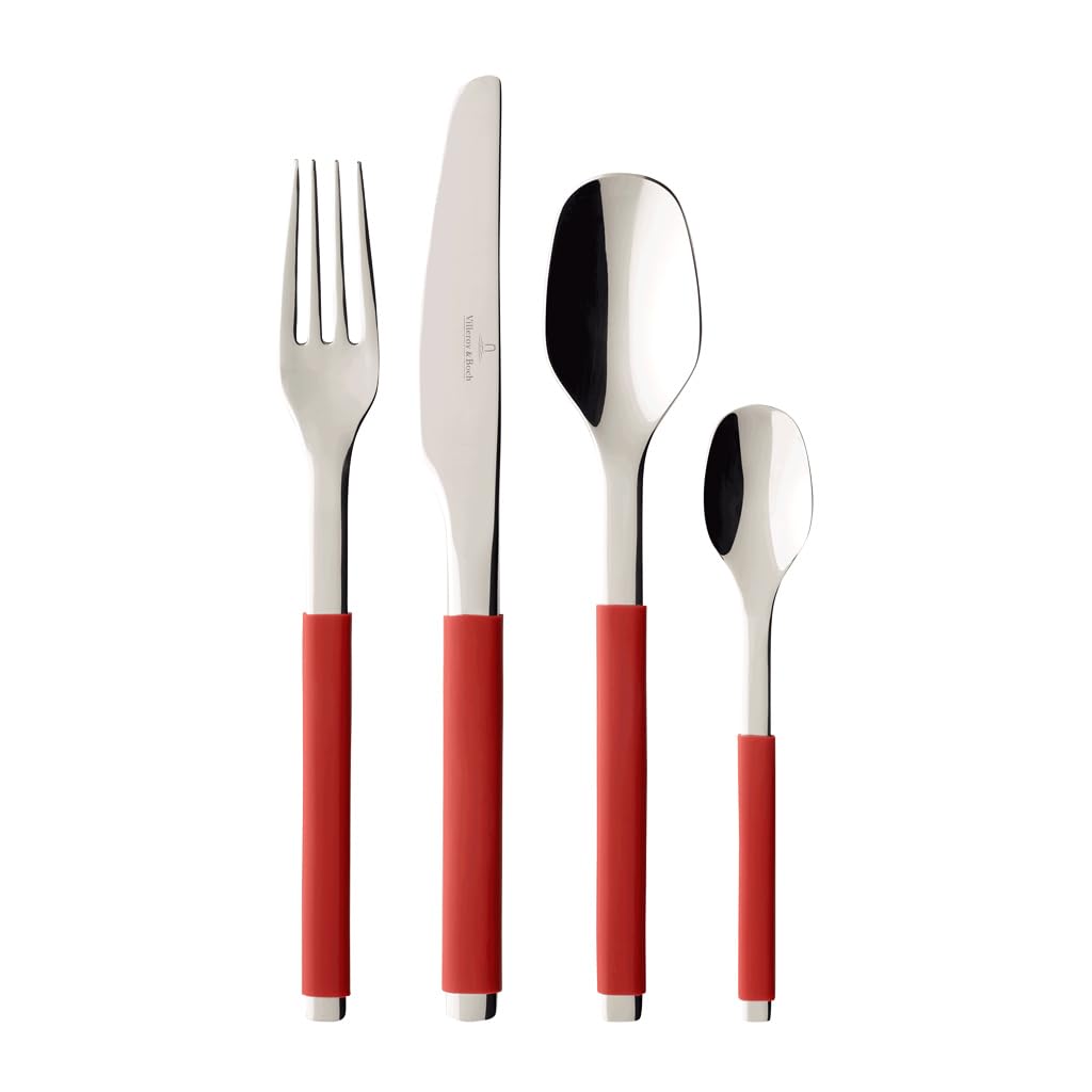 Villeroy & Boch S+ Cranberry Cutlery for up to 6 People, 24 Pieces, Stainless Steel, Handle Coated With Red Silicone