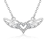 925 Sterling Silver Angel Wings Heart Pendant Necklace 18