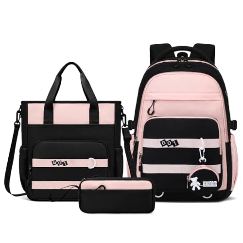 Amythe Backpack for Girls College 3 Piece School Bag Set - Girl's School Backpack+Shoulder Bag+Pencil Case - Large Waterproof School Bag for Teenagers 10-16 Years -Pink