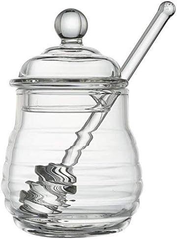 Beauneo Transparent glass honey jar with lid Honey Jar with Dipper, Clear, 9 Ounces
