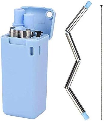 Collapsible Reusable Straws with Case and Keychain,Portable Stainless Steel Silicone Straws Drinking Reusable for Travel Include Cleaning Tool (Blue)