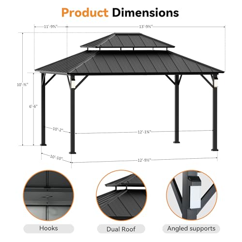 Modern Shade Hardtop Gazebo 12x14 with 4 LED Lights for Backyard, Black image 27