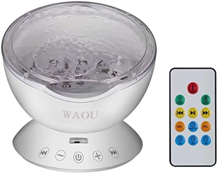 WAOU Remote Control Ocean Wave Projector Night Light Lamp Romantic Relax Multicolor Sleep Night Light With Built-in Music Player In Bedroom Living Room For Nursery Baby Kids Children Adults (White)