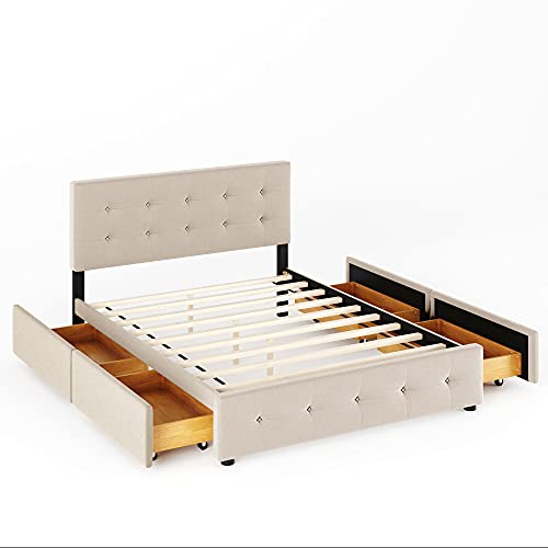 thumbnail image 2 of Queen Size Upholstered Bed Frame With Linen Headboard - Platform Bed With Solid Wood Legs, No Box Spring Needed 2 of 14