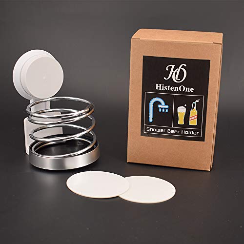 HistenOne Beer & Wine Shower Holder, Bath Suction Cup Beverage Bottle Drink Glass Holder Caddy, Stainless Steel Spring Design - Thumbnail 2