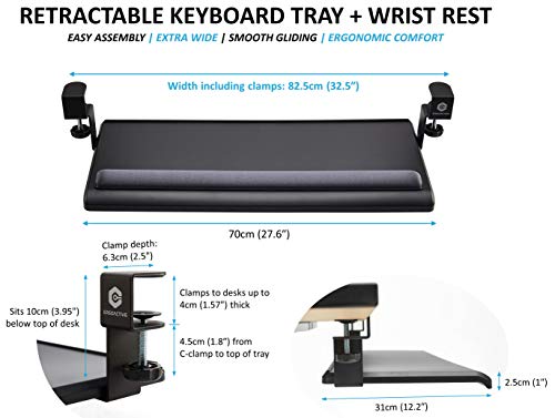 ErgoActive Extra Wide Under Desk Keyboard Tray with Clamp On Easy Installation, No Screws into Desk, Sliding Drawer, Fits Full Size Keyboard and Mouse - Includes Wrist Rest (Wide Tray + Wrist Rest)