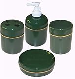 Stoneware Bathroom Accessory Set of 4. (Tooth Brush Holder, Soap Dish. Lotion Pump & Tumbler) (Hunter Green)