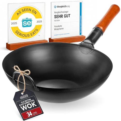 YOSUKATA Professional Wok Frying Pan 34 cm – Traditional Carbon Steel Wok, Original Chinese Preconditioned Flat Bottom – Suitable for Gas, Induction, Electric and Open Fire (Black)